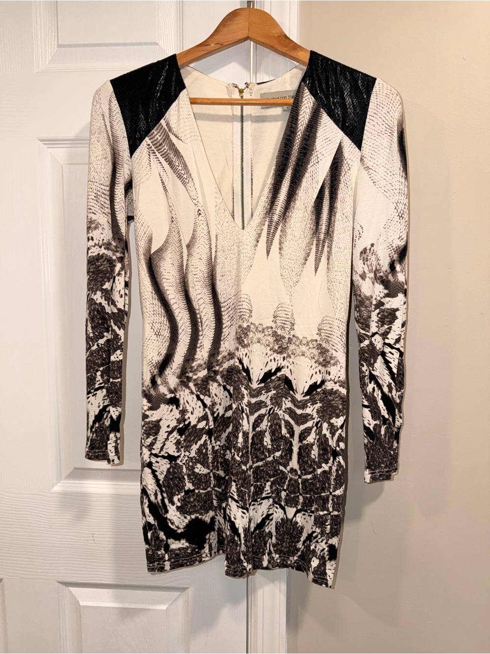 Abstract Black & White Long Sleeve V-Neck Dress